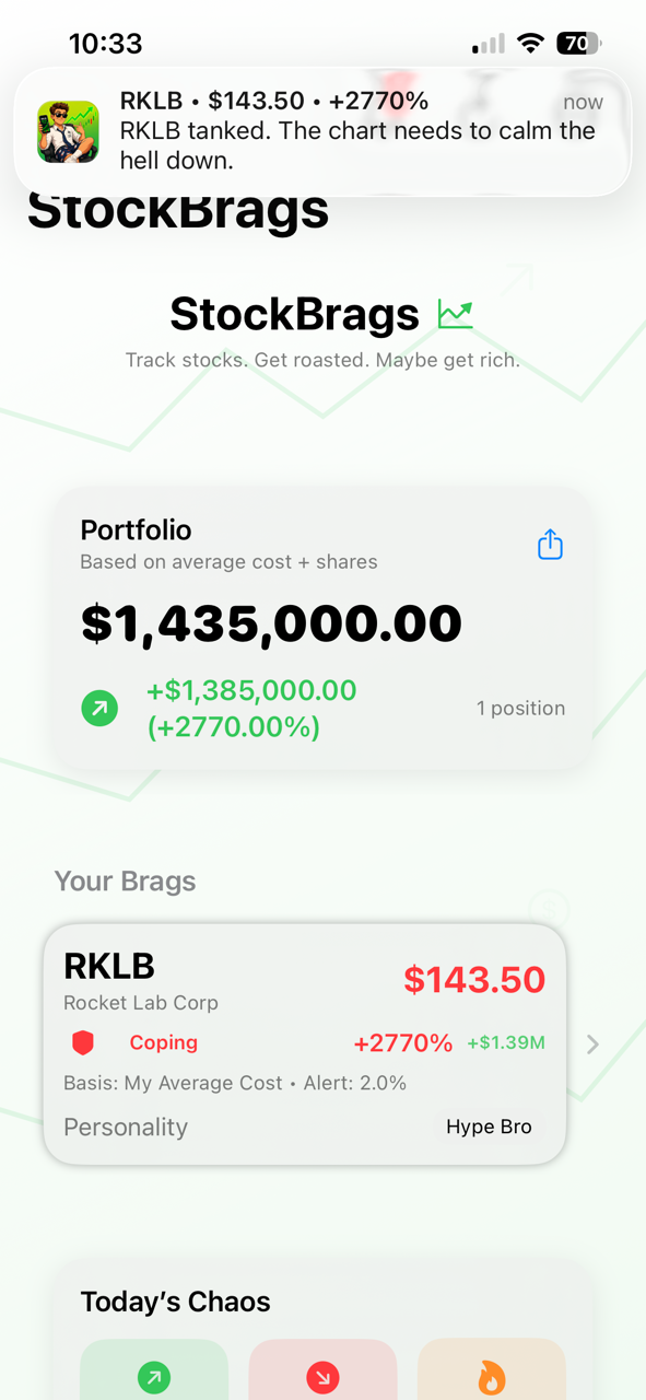 StockBrags RKLB stock alert and portfolio screenshot